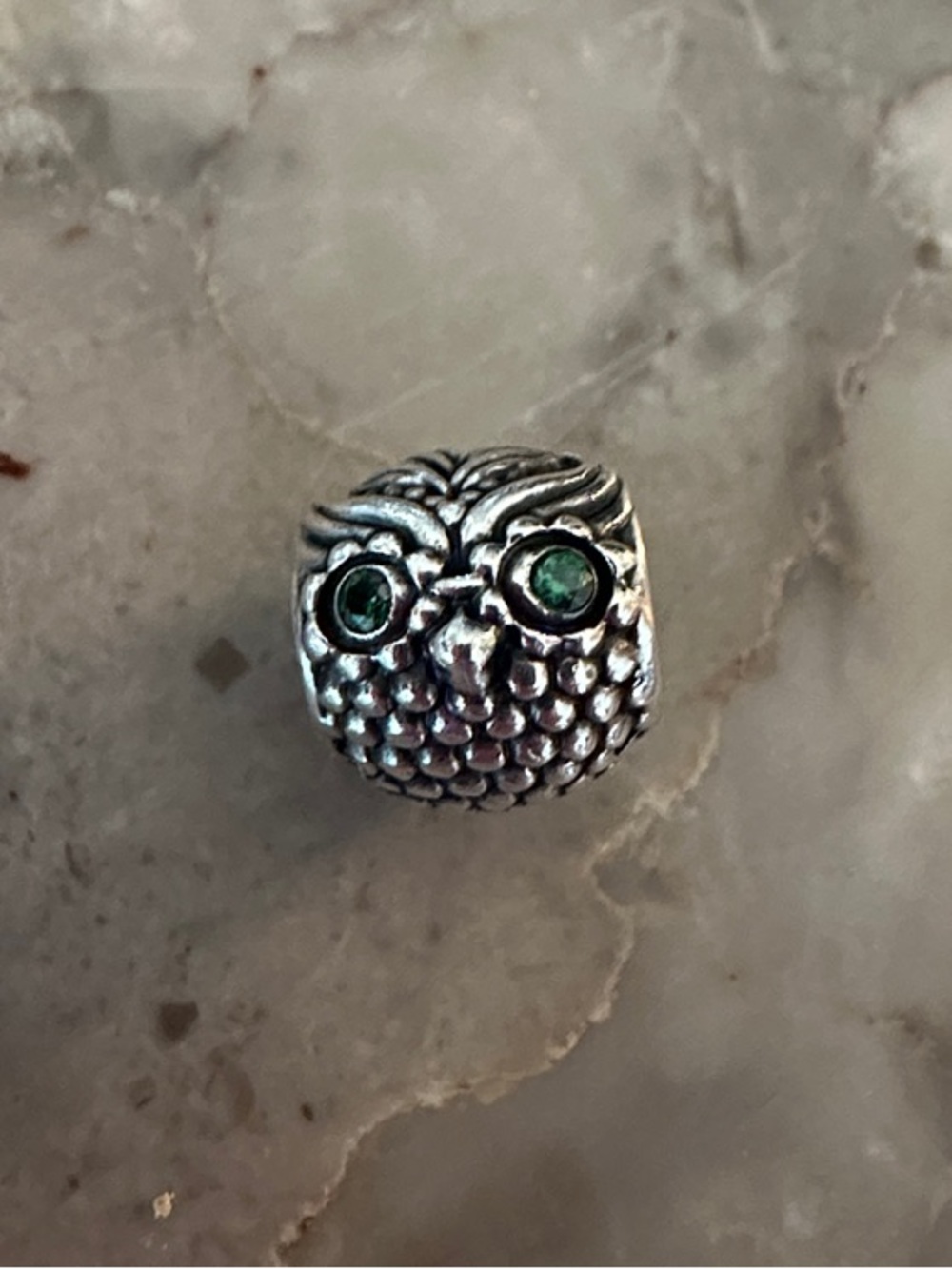 Pandora Silver Wise Owl Charm with Green Stones